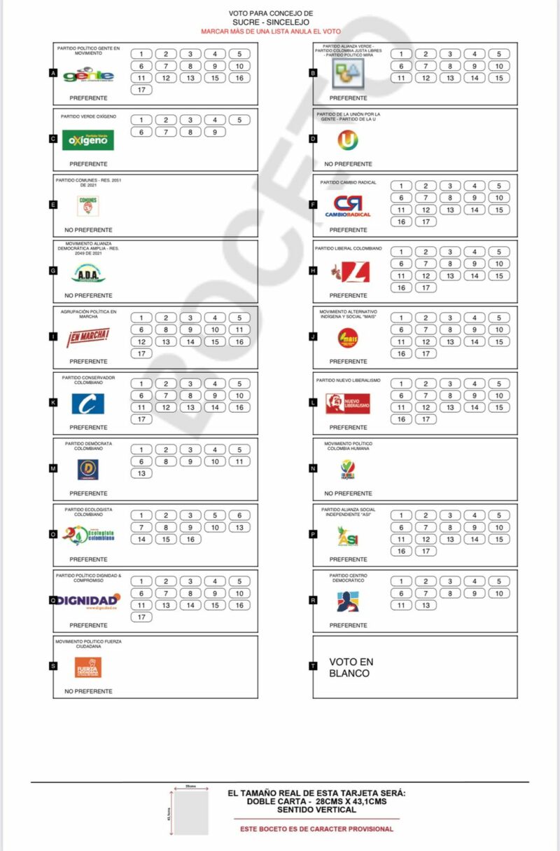 Así quedó el tarjetón para las elecciones al Concejo de Sincelejo 2024